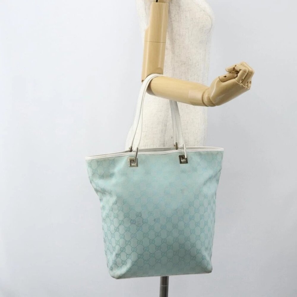 GUCCI GG Canvas Tote Bag Light Blue Gold 002 1098 Auth ti3554